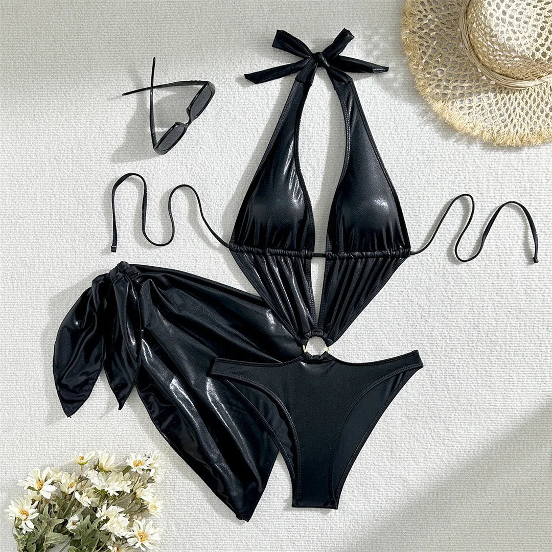 With Sarong Glitter Sparkling Depp V Neck One Piece Swimsuit Women Swimwear Female Cut Out Halter Bather Bathing Suit Swim