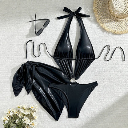 With Sarong Glitter Sparkling Depp V Neck One Piece Swimsuit Women Swimwear Female Cut Out Halter Bather Bathing Suit Swim