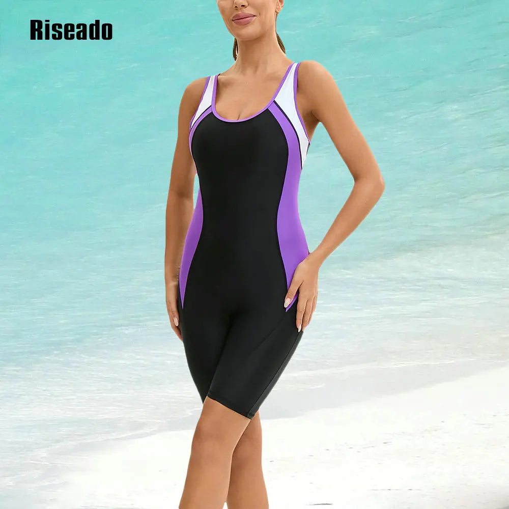 Women's Boyleg One Piece Swimsuit with U Back Athletic Bathing Suit  Full Body Cover Knee Length Bodysuits Swimwear for Girls