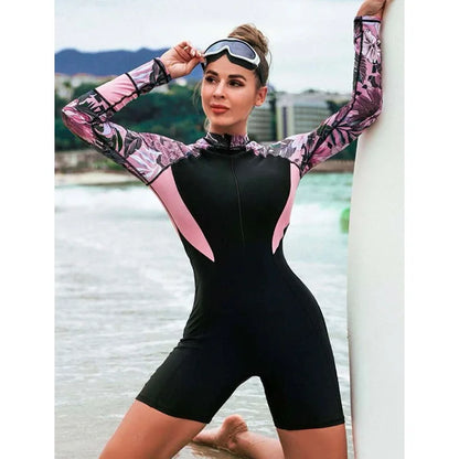 One Piece Swimsuit Women Floral Long Sleeve Swimwear Zipper Surfing Monokini Push Up Body Suit Beachwear Bathing Suit Rash Guard