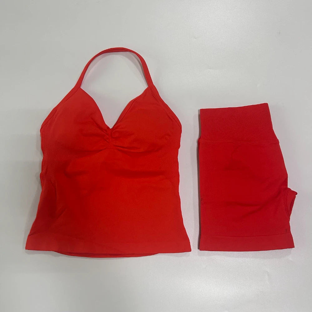 2Pcs Gym Set Women Backless Tank Tops High Waist Scrunch Seamless Shorts Gym Suit Fitness Clothes Activewear Workout Set