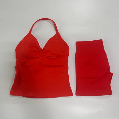 2Pcs Gym Set Women Backless Tank Tops High Waist Scrunch Seamless Shorts Gym Suit Fitness Clothes Activewear Workout Set