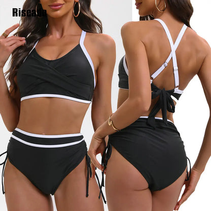 Women's Two Piece Black Swimsuit Push Up Bikini Set Swimwear with Boy shorts V Neck Bathing Suit
