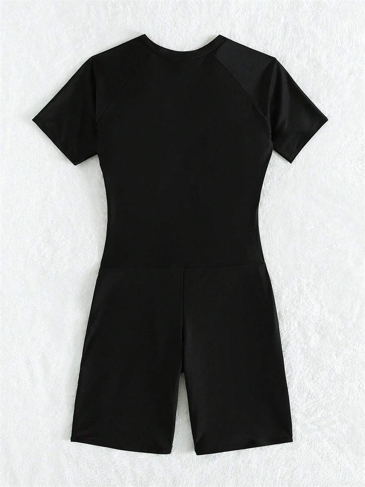 One Piece Swimsuit Women  Black Short Sleeves Zippers Swimwear Boxer Shorts Bodysuit Monokini Beach Bathing Suit Female