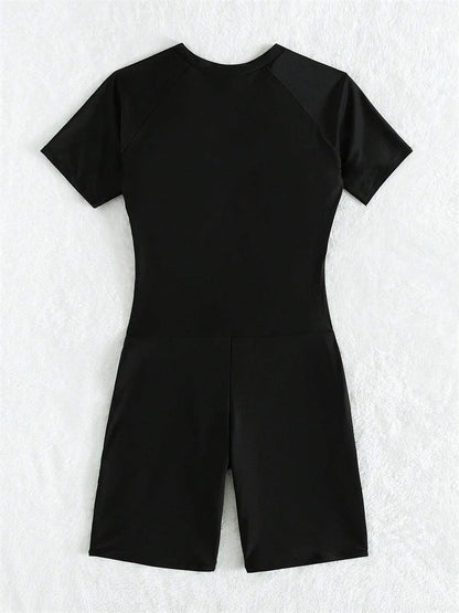 One Piece Swimsuit Women  Black Short Sleeves Zippers Swimwear Boxer Shorts Bodysuit Monokini Beach Bathing Suit Female
