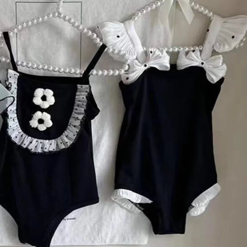 Korean Style Summer Black Kids Girls Fashion Swimsuit Baby Children's Swimwear Bathing Suits Beach Swimming Clothing
