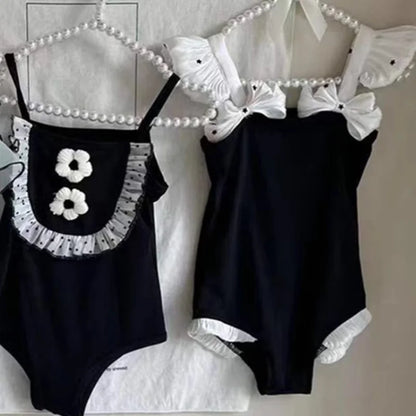 Korean Style Summer Black Kids Girls Fashion Swimsuit Baby Children's Swimwear Bathing Suits Beach Swimming Clothing