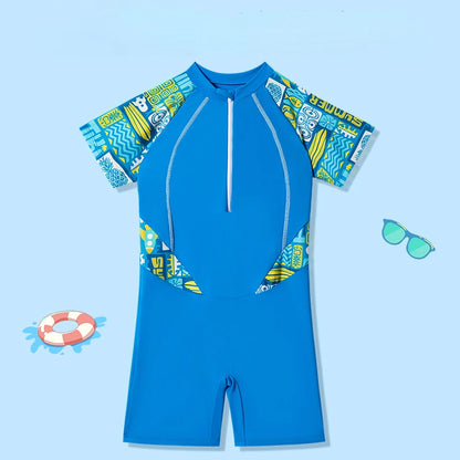 Children's One-Piece Swimsuit, Teen Boys Training Swim Suit, Round Neck, Comfortable Bathing Suit, Big Boys, 2-14Y