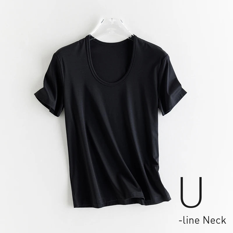 10% Silk & Mercerized Cotton Women T-shirt Luxury Tee Short Sleeve Silky Feeling Summer Wear Tops V / O-neck