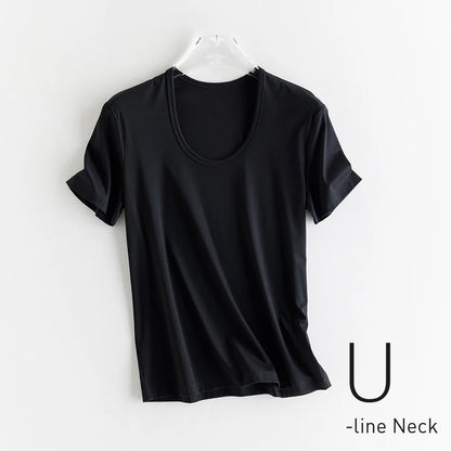 10% Silk & Mercerized Cotton Women T-shirt Luxury Tee Short Sleeve Silky Feeling Summer Wear Tops V / O-neck