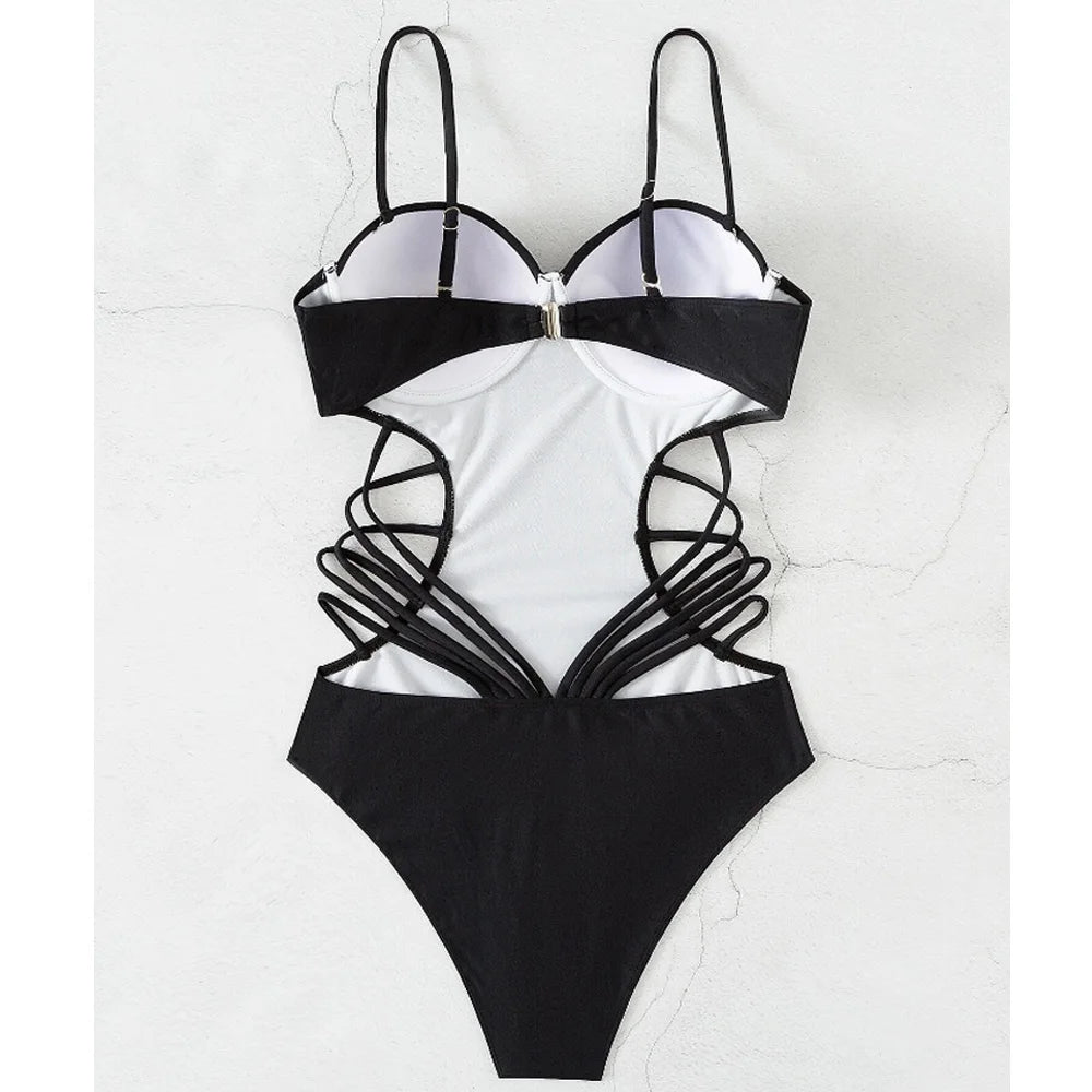 Black Strapped Swimwear Women Hollow Push Up One Piece Swimsuit Monokini High Waist Backless Bathing Suit
