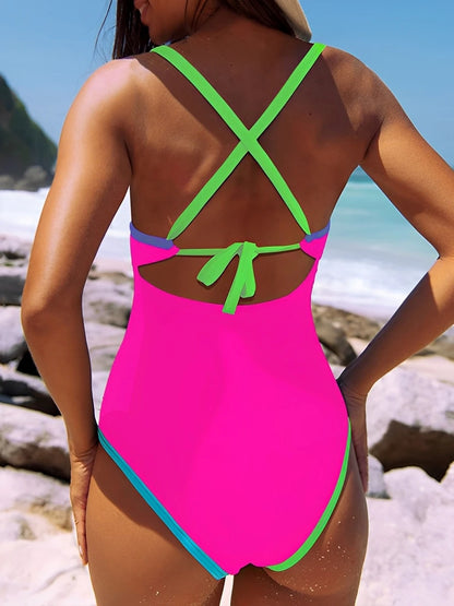 V-neck Strappy Swimsuit Women One Piece Solid Back Cross Swimwear Female Bathers Bathing Swimming Swim Suit Beachwear XXL