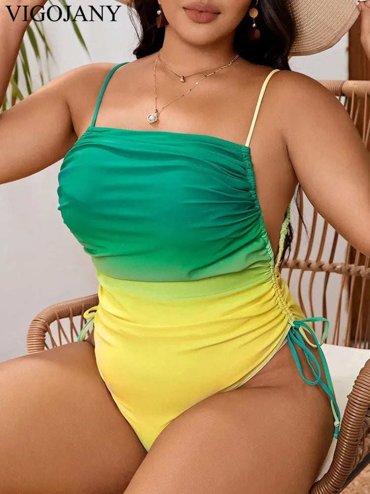 Gradient Strapped Plus Size Swimwear Women High Cut Push Up One Piece Swimsuit Backless Summer Big Bathing Suit