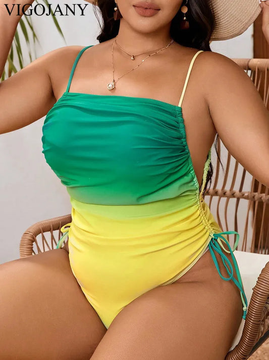 Gradient Strapped Plus Size Swimwear Women High Cut Push Up One Piece Swimsuit Backless Summer Big Bathing Suit