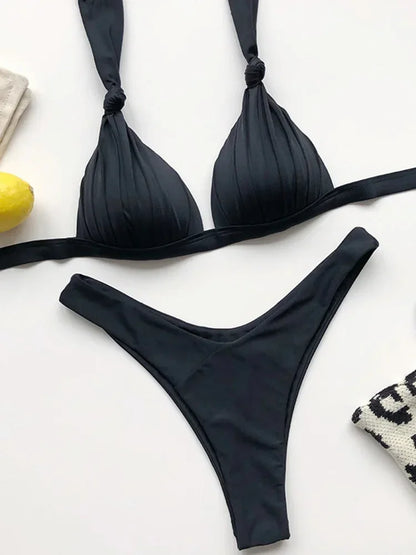 Halter Bra Cup Bikini Swimsuit Female White Swimwear Women Push up Bikini set Brazilian Bathing Suit Bandeau Swim suit