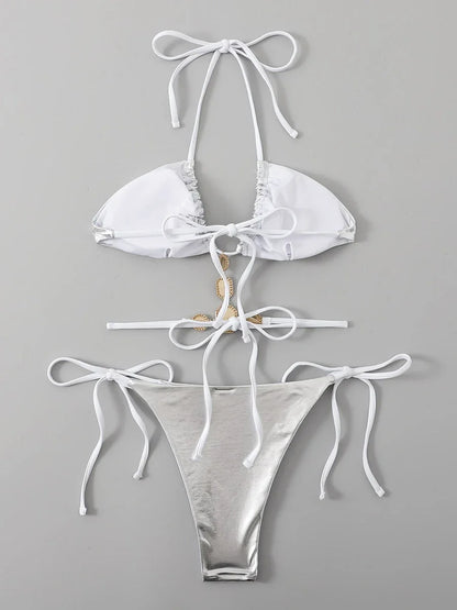 Halter Rhinestone Diamond Bikini Women Micro Thong Swimwear Female Swimsuit Two Pieces Bikini Set Satin Bathing Suit Swim Lady