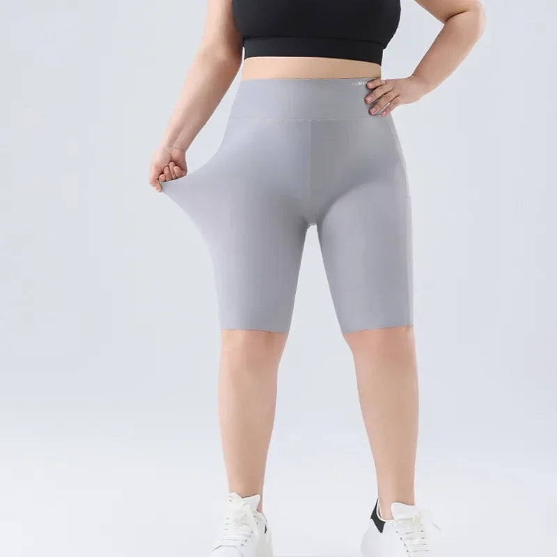 Women Big Size Five Point Shorts Pocket Shark Pants High Waist Stretchy Workout Running Cycling Yoga Fitness Shorts Summer