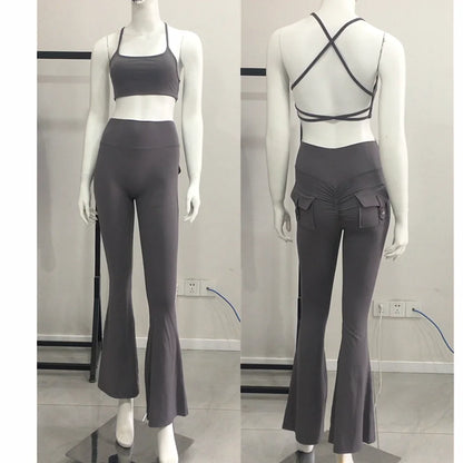 Pocket Button Flare Leggings High Waist Wide Leg Yoga Pant Women Gym Fitness Sport Dance Trousers Active Bottoms