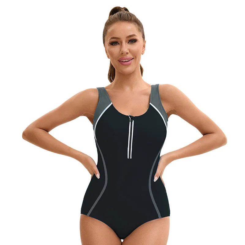Women's One Piece Athletic Racerback Swimsuit Slimming Bathing Suit Backless Swimwear Zip Up Front Bathers