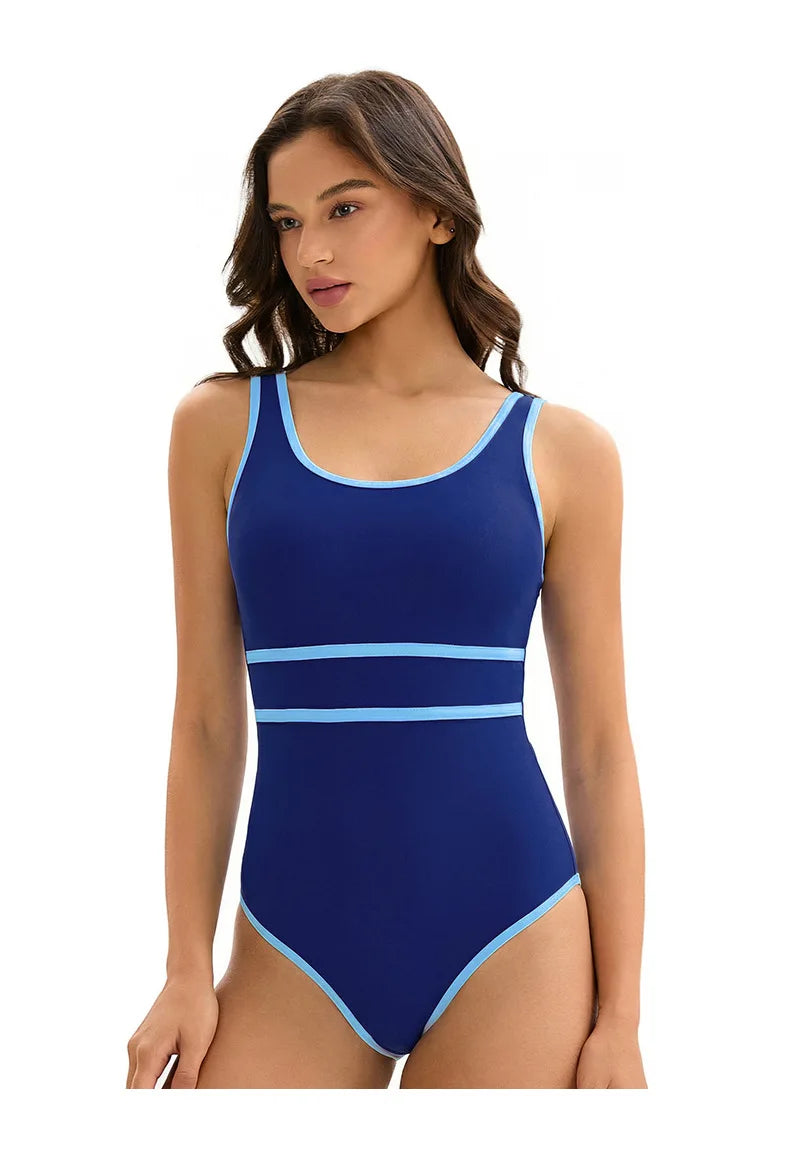 Color Block One Piece Swimsuit Women Sport Triangle Sleeveless Beach Swimwear Bathers