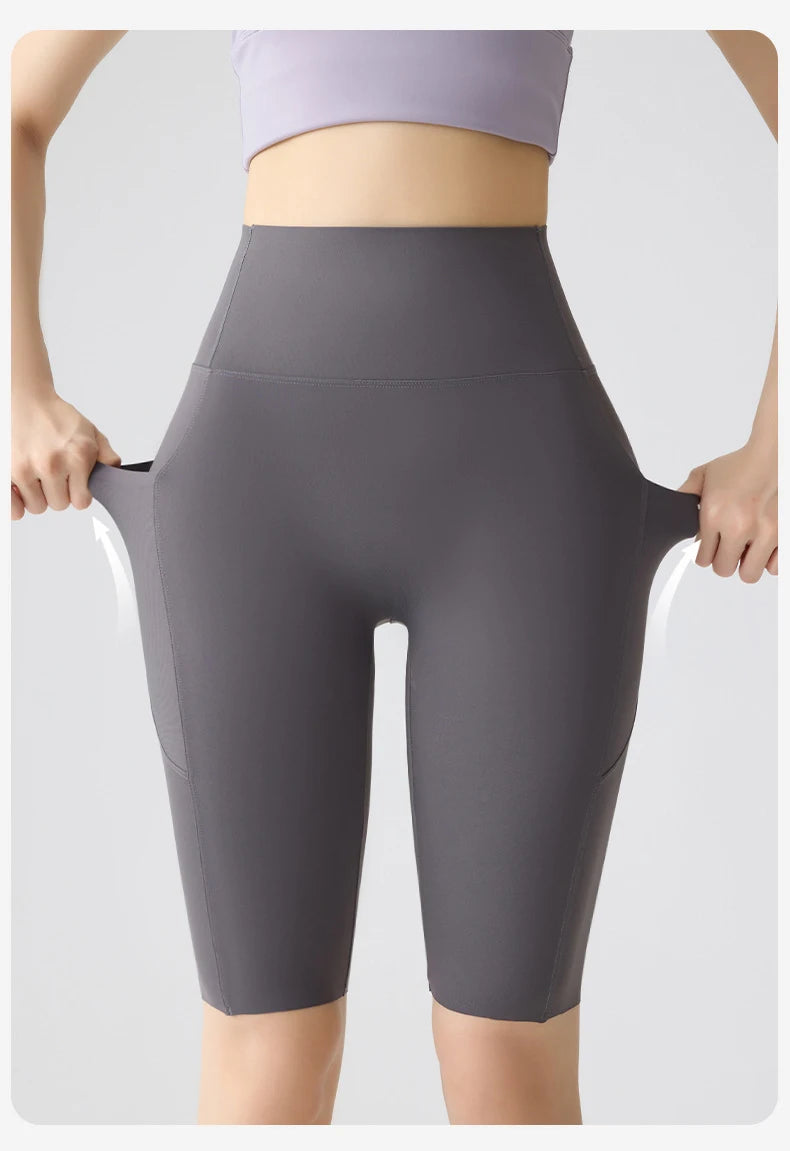 Pocket Yoga Sharkskin Bicycle Shorts Women Thin High Waist Push Up Light Feeling Sports  Fitness Cycling Shorts