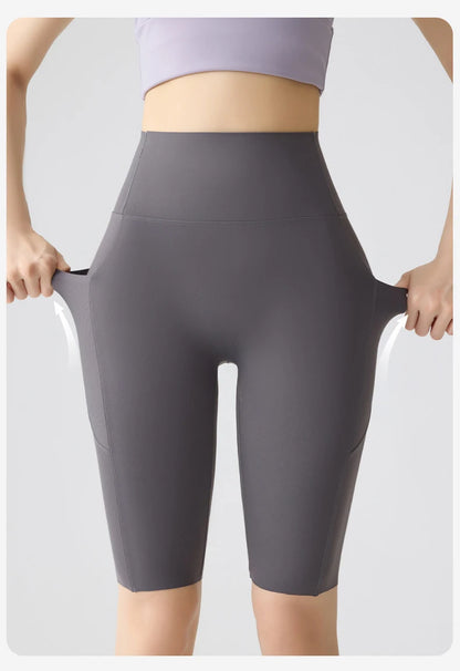 Pocket Yoga Sharkskin Bicycle Shorts Women Thin High Waist Push Up Light Feeling Sports  Fitness Cycling Shorts