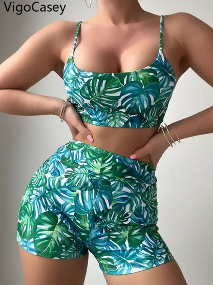 Leaf Print Swimwear Women Strapped Push Up Bikini High Waist Brazilian Swimsuit Lady Beach Summer Bathing Suit