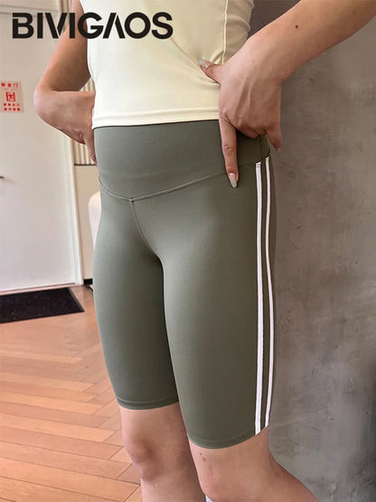 Women Shark Running Short Leggings Summer Side Stripe Sports Biker Shorts High Waist Skinny Seamless Bicycle Shorts