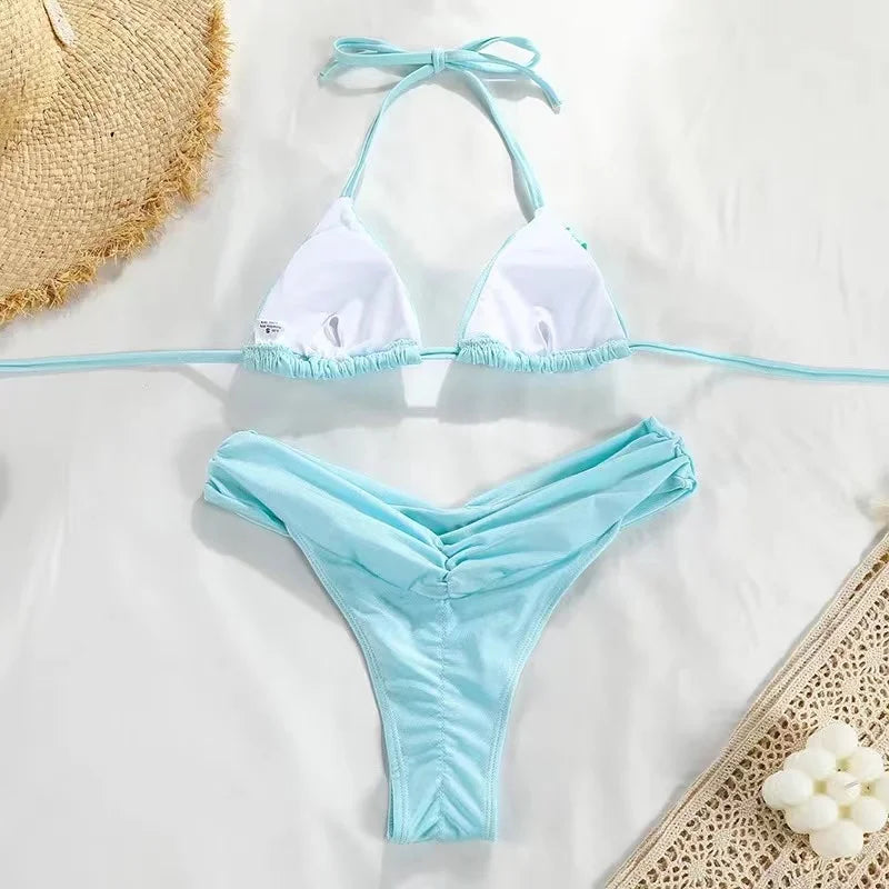 Micro Bikinis Women Halter Brazilian Bikini Set Female Pleated Swimsuit Triangle Swimwear Beach Wear Bathing Suit