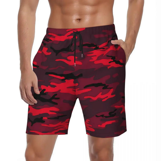 Men Board Shorts Red Camo Casual Swim Trunks Army Camouflage Breathable Sportswear Hot Plus Size Beach Short Pants