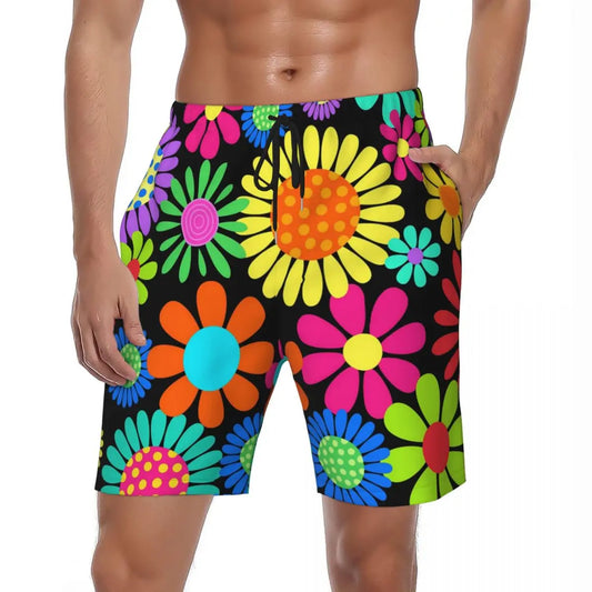 Summer Board Shorts Man Flower Power Sports Fitness Flower Power Beach Short Pants Vintage Quick Dry Swimming Trunks Plus Size