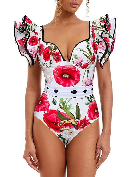 Push Up Floral Frill Shoulder Swimsuit Women One Piece Swimwear Female Beachwear Bathers Bathing Swimming Swim Suit