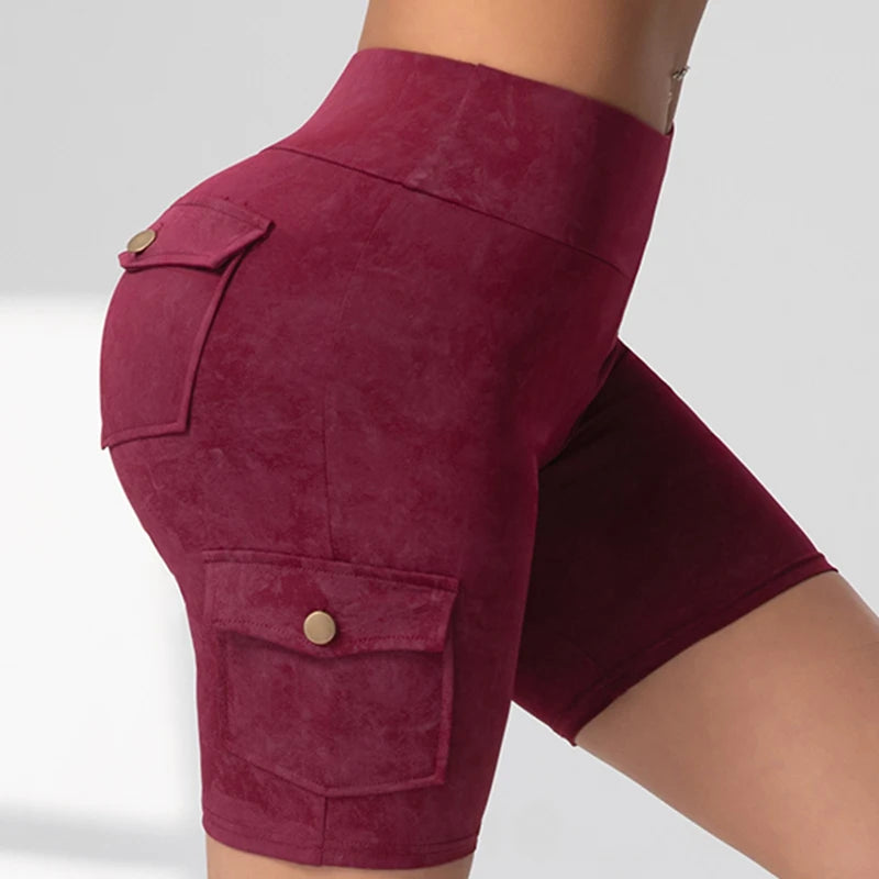 Women Washed Print Work Pocket Yoga Shorts Butt Lifting Workout  Tights Sport Push Up 5-Port Pants Elastic Slim Sportswear