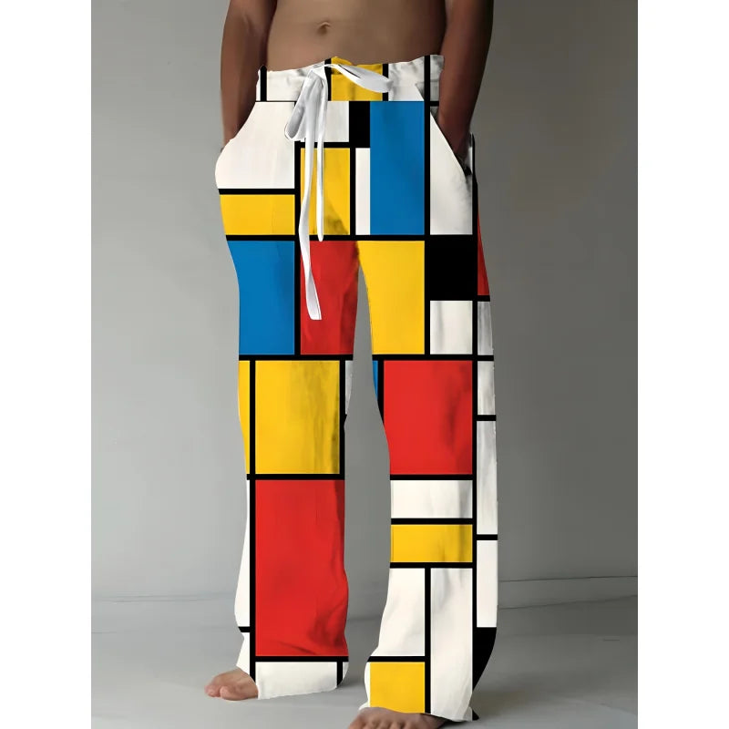 Mens Drawstring Trousers Relaxed Comfortable Geometric Patterned Loose Fit Pants With Elastic Waist  Casual Summer Daily Wear