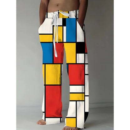 Mens Drawstring Trousers Relaxed Comfortable Geometric Patterned Loose Fit Pants With Elastic Waist  Casual Summer Daily Wear