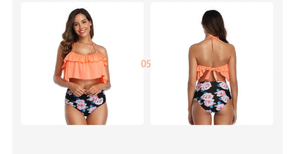 Swimwear Women Halter Ruffle Bikinis High-Waist Split Two-Piece Off Shoulder Swimsuit Pool Beachwear Bathing Suit Plus Size XXL