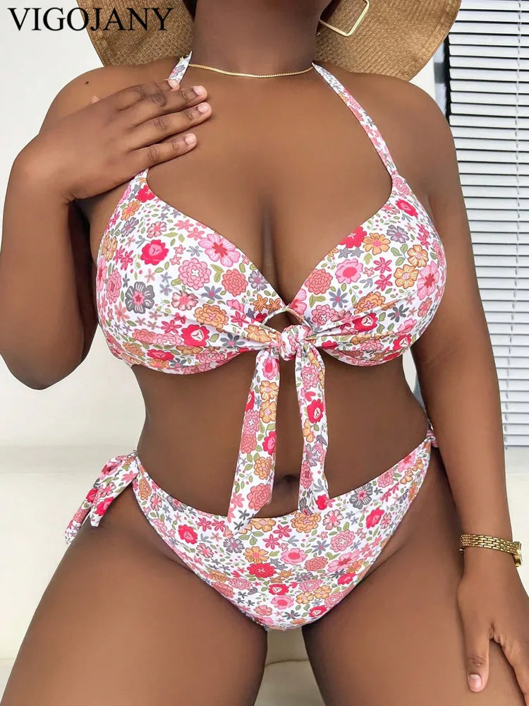 Halter Plus Size Bikini Set Women Push Up Hollow Swimsuit High Waist Backless Bathing Suit Summer Beachwear
