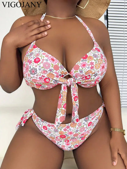 Halter Plus Size Bikini Set Women Push Up Hollow Swimsuit High Waist Backless Bathing Suit Summer Beachwear