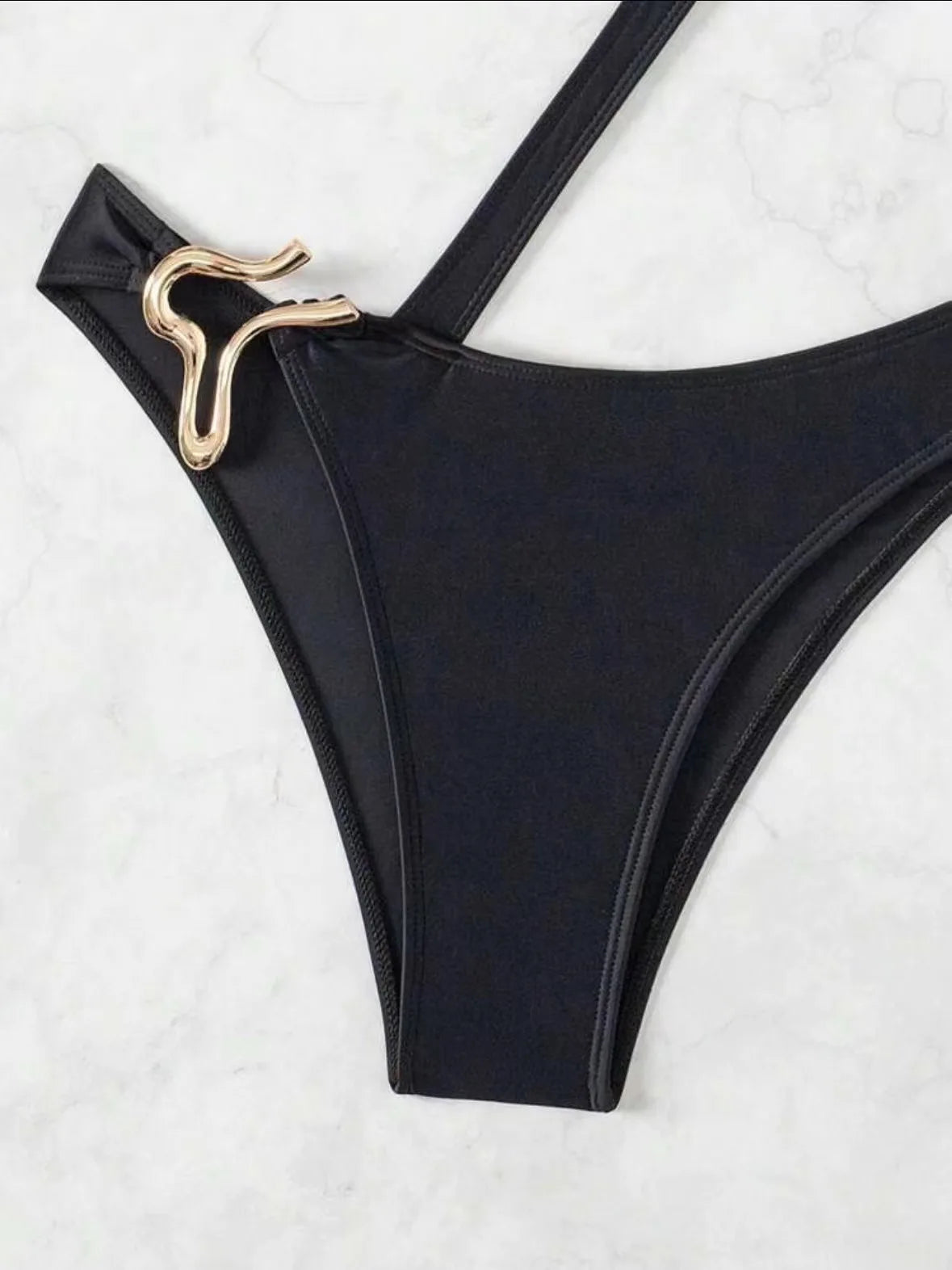 Black or Blue Bikini one-piece solid color one shoulder gold clip swimsuit bathers