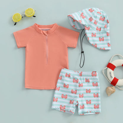 Infant Baby Boys 3 Piece Swimsuit Suit Summer Toddler Rash Guard Short Sleeve Tops Turtle Print Swim Trunks Cap Kid Bathing Suit