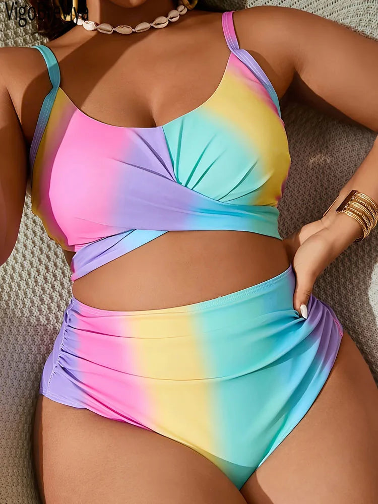 Print 2 Piece Plus Size Bikini Women Cross Push Up Curvy Swimsuit High Waist Beach Lady Big Bathing Suit