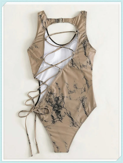Lace Up Back Swimsuit One Piece Printed Swimwear Women Backless Bathing Swimming Suit Female Padded Beachwear Bodysuit