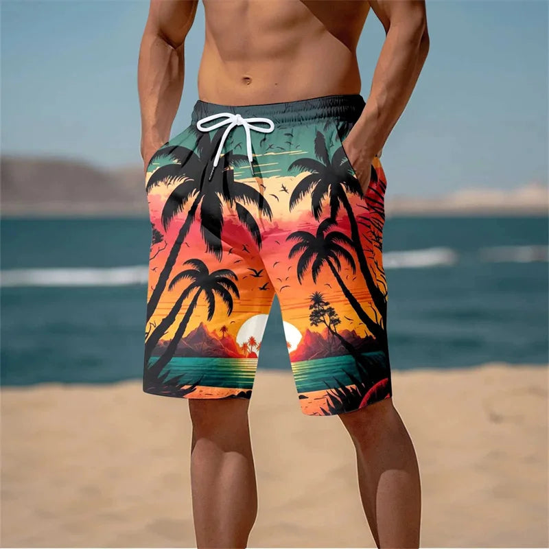 Harajuku 3D Cocoanut Trees Printing Beach Shorts Palm Tree Graphic Board Shorts For Men Hawaiian Cool Swimming Trunks