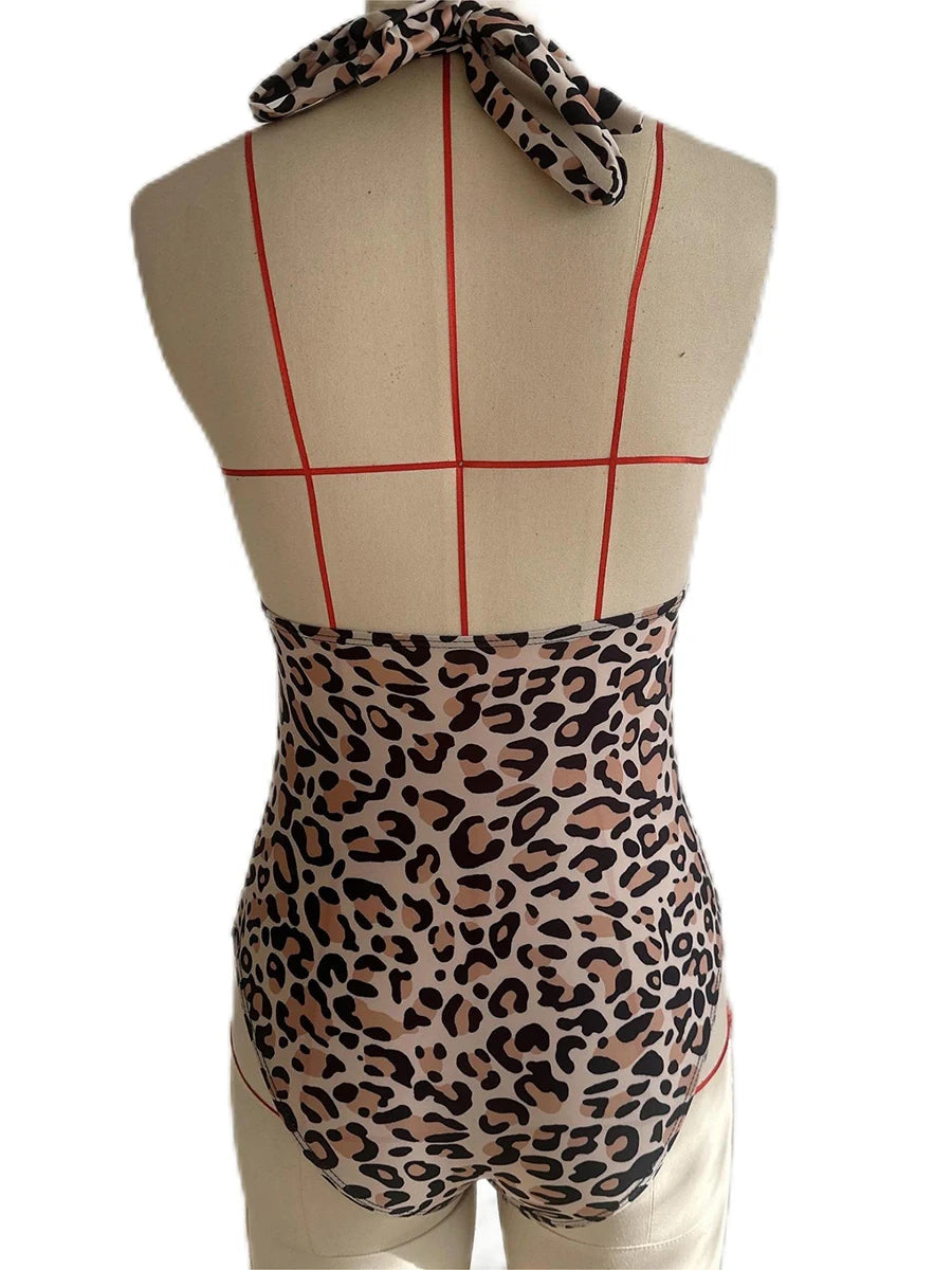 Leopard Swimsuit Women One Piece Halter Swimwear Female Solid Backless Bathers Bathing Swimming Swim Suit Beachwear