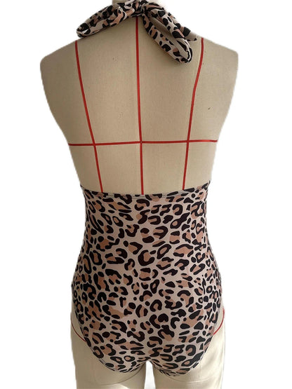 Leopard Swimsuit Women One Piece Halter Swimwear Female Solid Backless Bathers Bathing Swimming Swim Suit Beachwear
