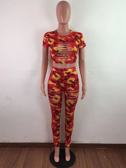 Wmstar Women Two Piece Set Summer Sport Fashion Casual Ripped Sweatshirt Sweat Camouflage Print Pant Sets Outfit Tracksuit