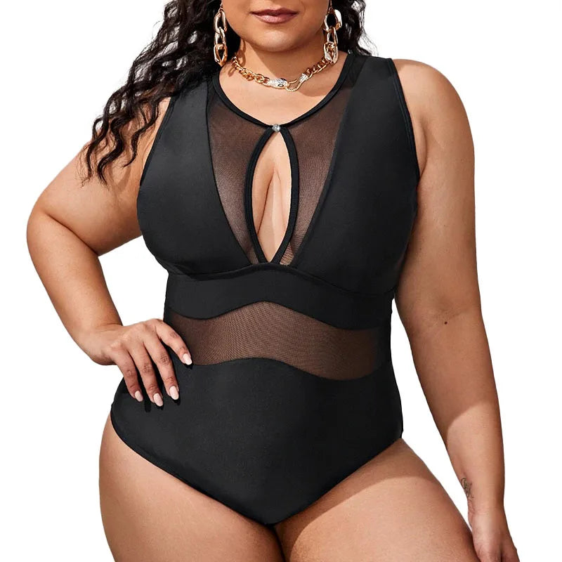 Mesh Black Swimsuit One Piece Large Plus Size Swimwear Women One-piece Suits Beachwear Bathing Swimming Suit Female 4XL