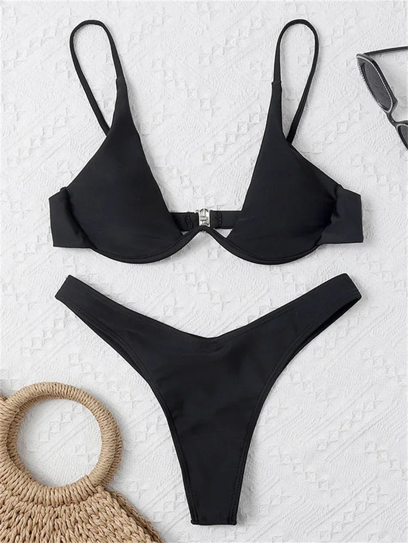 Bikini Women Solid Red Push Up Bra Thong Swimsuit Haler V Neck Bathing Suit Mini Micro Thong Swimwear