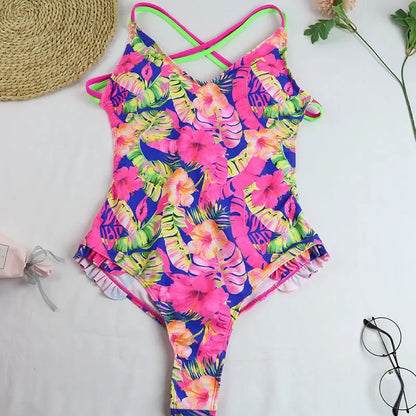 One Piece Swimsuit Swimwear Women Ruffled Double Cross Straps V-neck Coconut Tree Flower Print Bathing Suit Beachwear