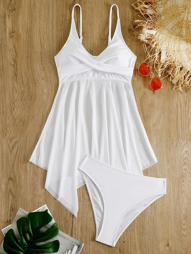VigoCasey Solid Strapped Swimwear Women Mesh Patchwork Tankini Set Backless Push Up Swimsuit Summer Beach Bathing Suit
